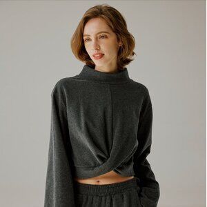 Nap Lougewear Women's Mock Neck Crop Top Sweatshirt Dark Grey Size Small